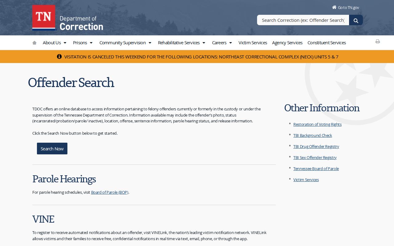 Tennessee Department of Correction statewide release lookup FOIL launch